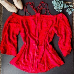 Tobi Red Cold Shoulder Flowy Blouse